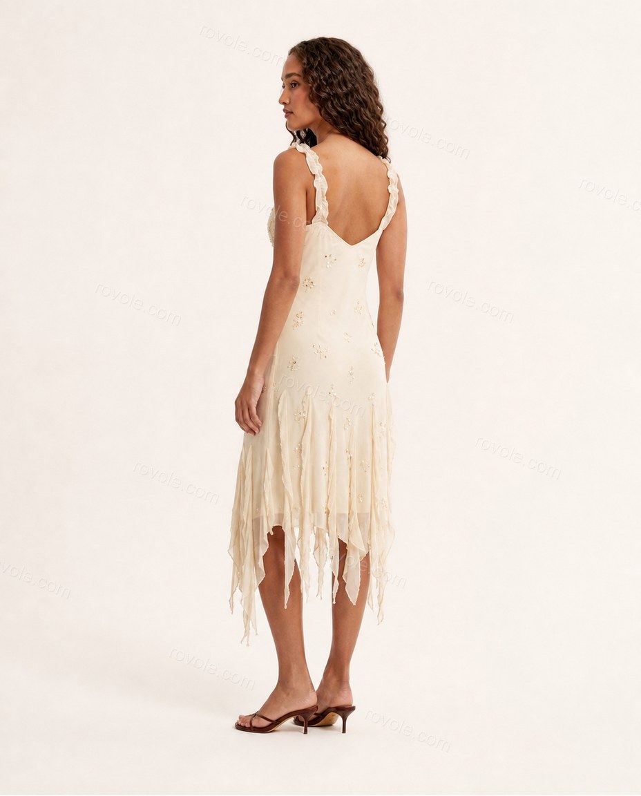 Cream Ecru Midi Embroidered Ruffled Dress, back studio view, by rovole.com
