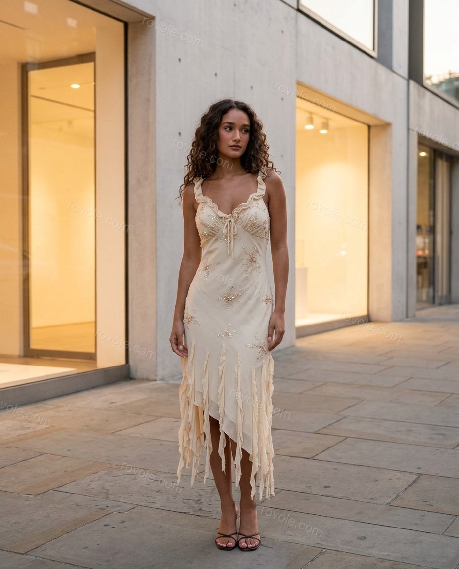 Cream Ecru Midi Embroidered Ruffled Dress, three-quarter brand lifestyle view, by rovole.com