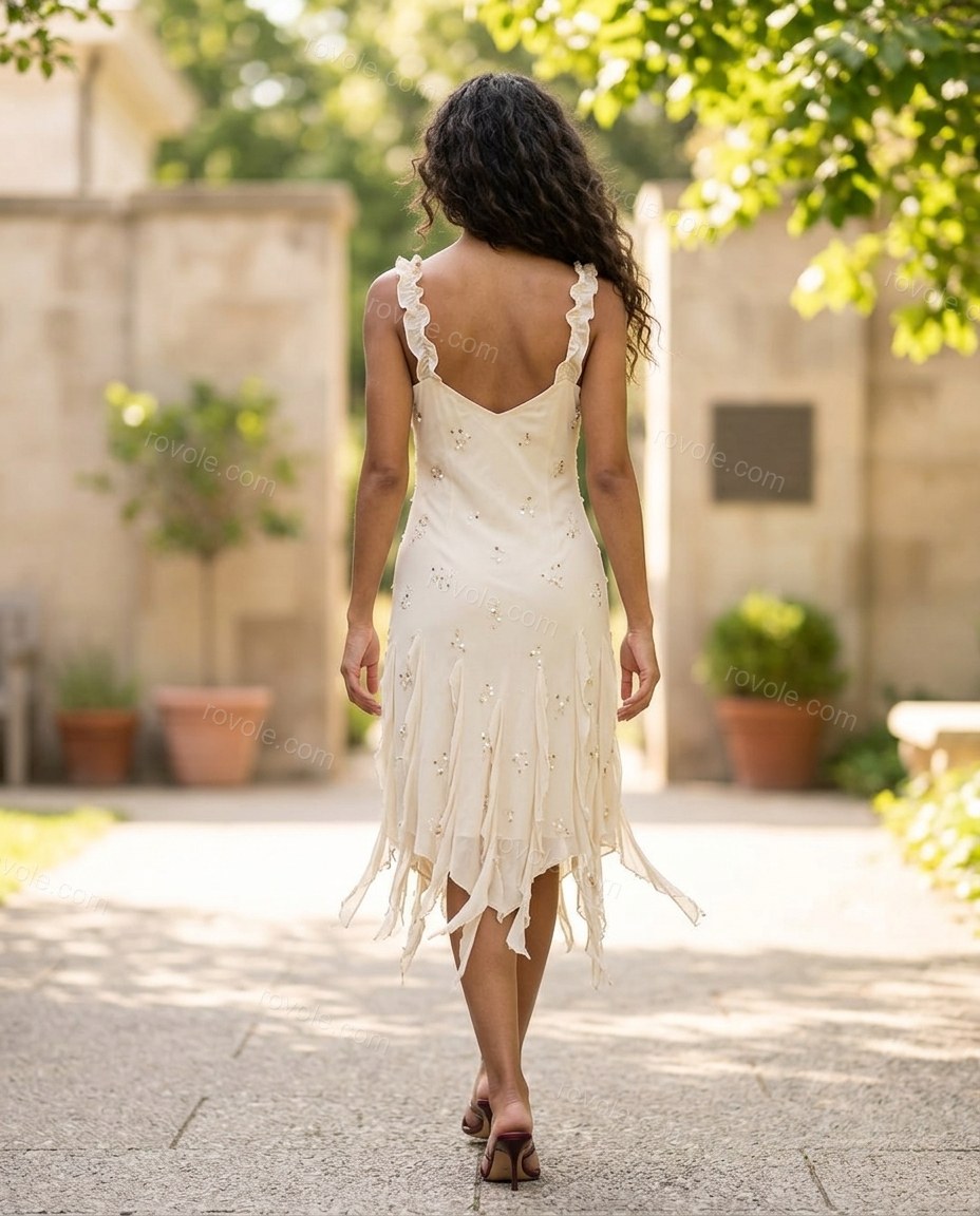 Cream Ecru Midi Embroidered Ruffled Dress, movement and fit lifestyle view, by rovole.com