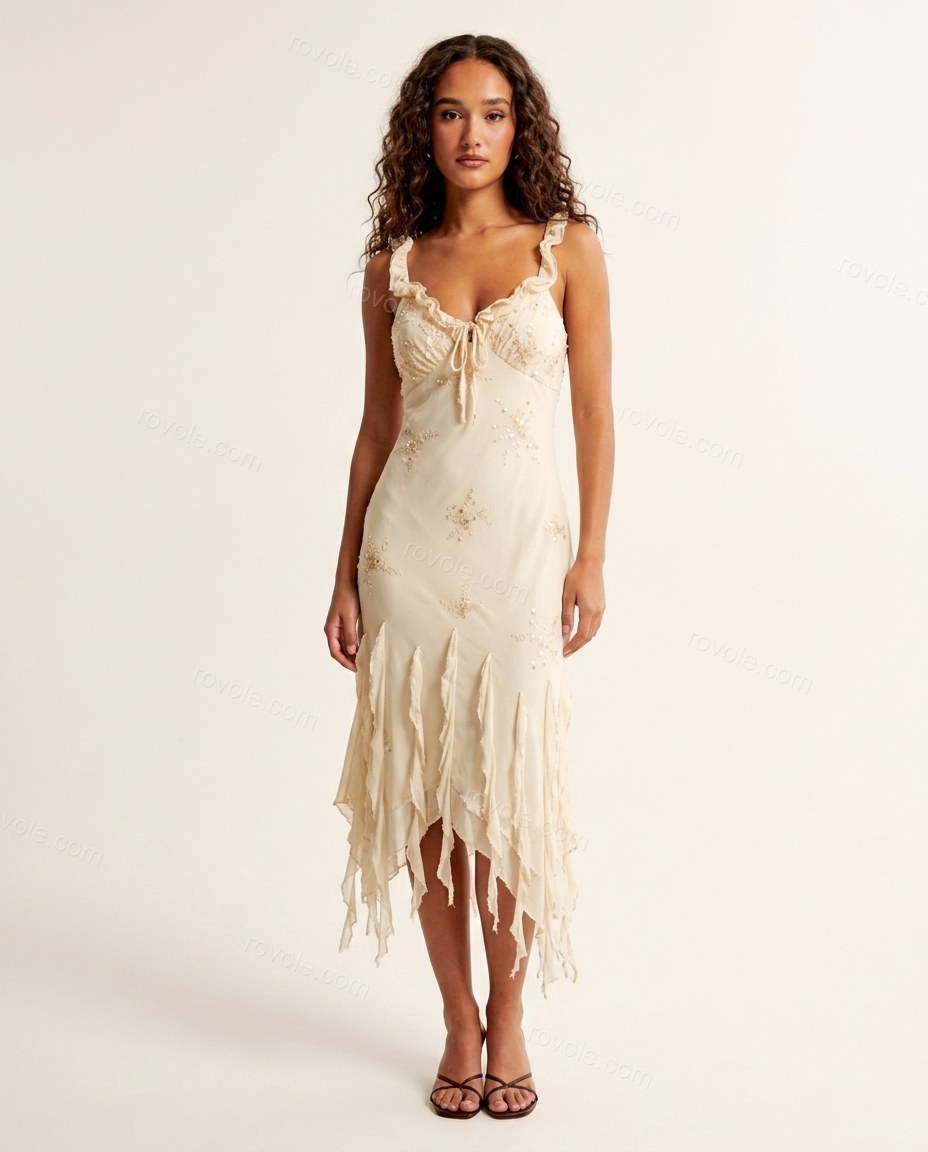 Cream Ecru Midi Embroidered Ruffled Dress, front studio view, by rovole.com