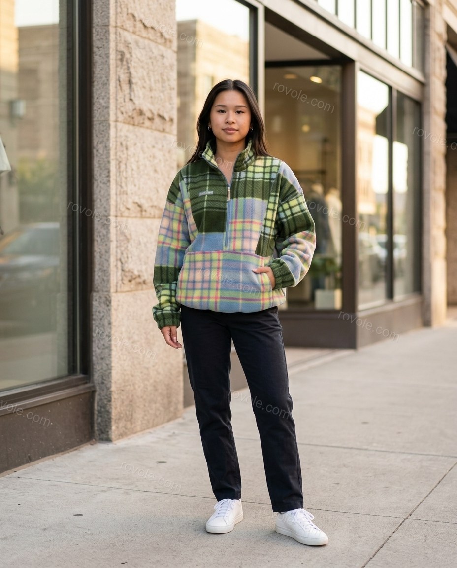 Green Patchwork Cape Blouse, three-quarter brand lifestyle view, by rovole.com