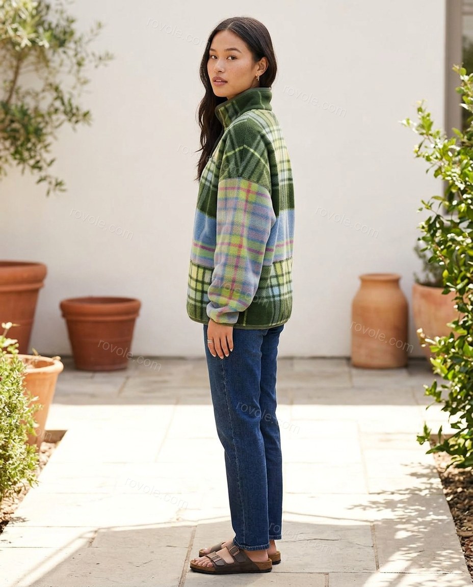 Green Patchwork Cape Blouse, walking lifestyle view, by rovole.com