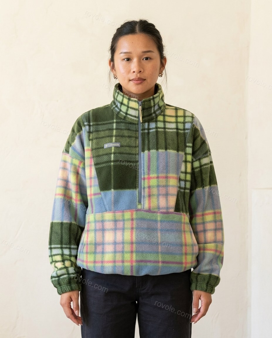 Green Patchwork Cape Blouse, full-length hero view, by rovole.com