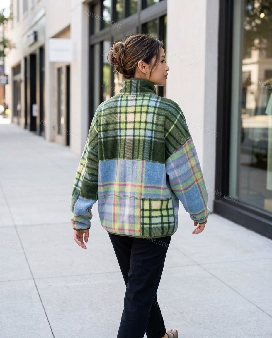 Green Patchwork Cape Blouse, movement and fit lifestyle view, by rovole.com