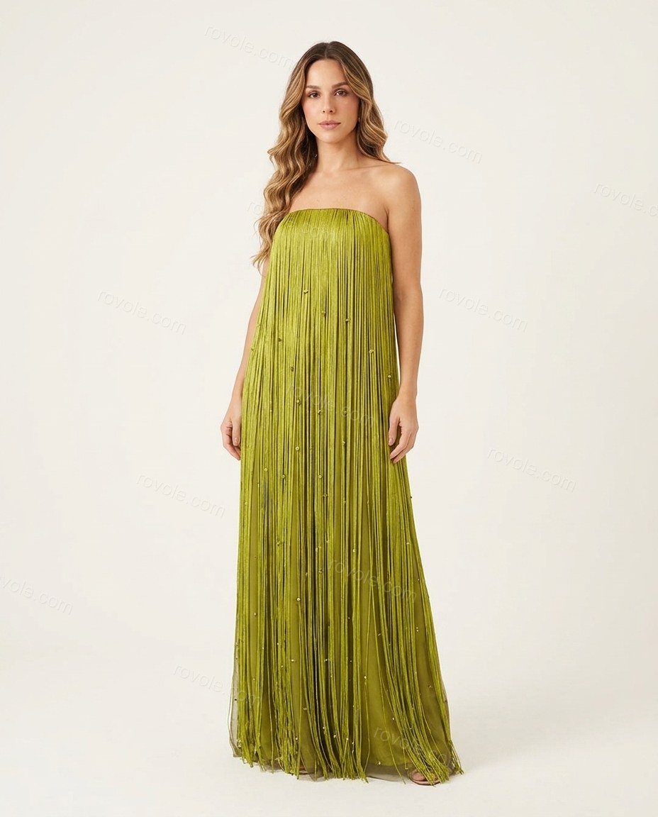 Lime Green Maxi Strapless Fringe Dress, front studio view, by rovole.com