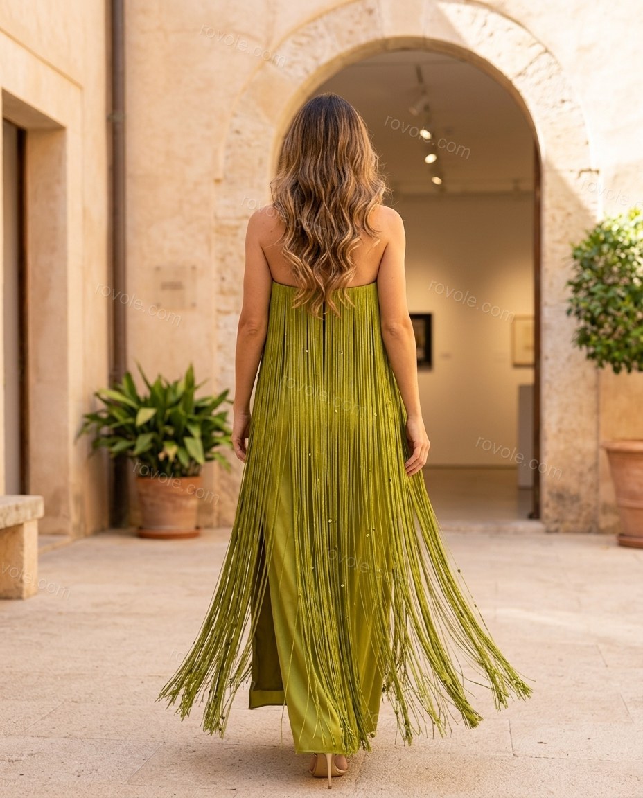 Lime Green Maxi Strapless Fringe Dress, alternate use-case lifestyle view, by rovole.com