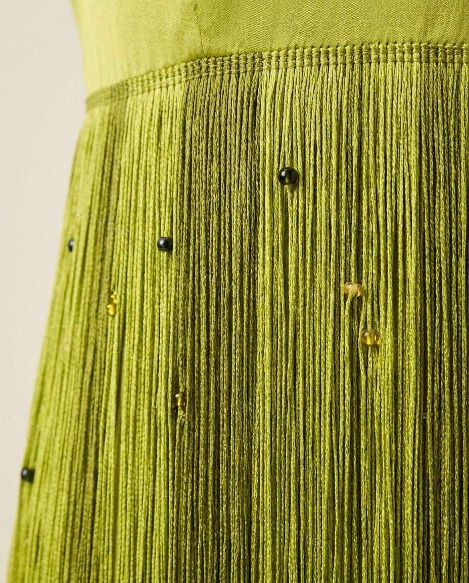 Lime Green Maxi Strapless Fringe Dress, close-up of olive green accents, fringe and beaded embellishment, by rovole.com