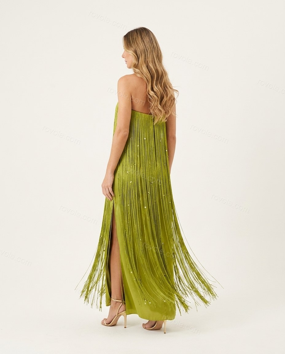 Lime Green Maxi Strapless Fringe Dress, back studio view, by rovole.com