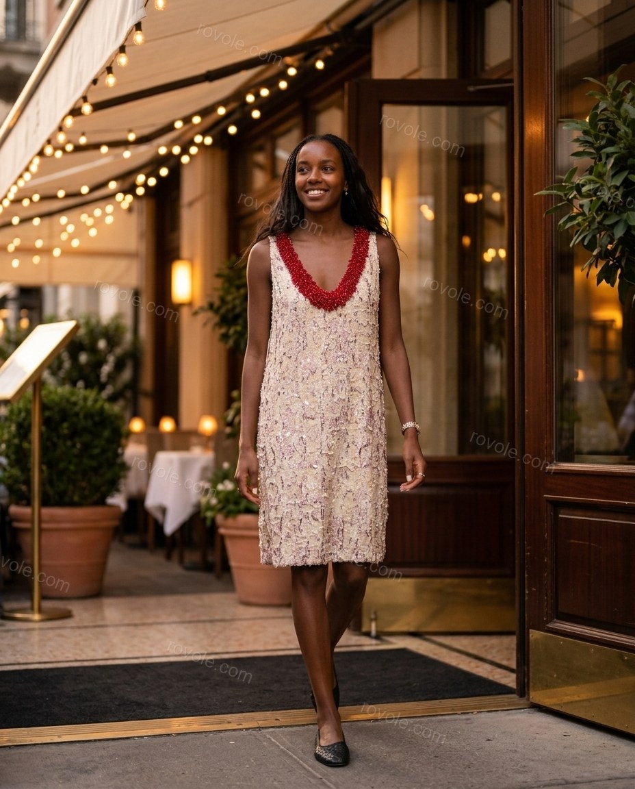 Light Beige Abstract Mini Dress, alternate use-case lifestyle view, by rovole.com