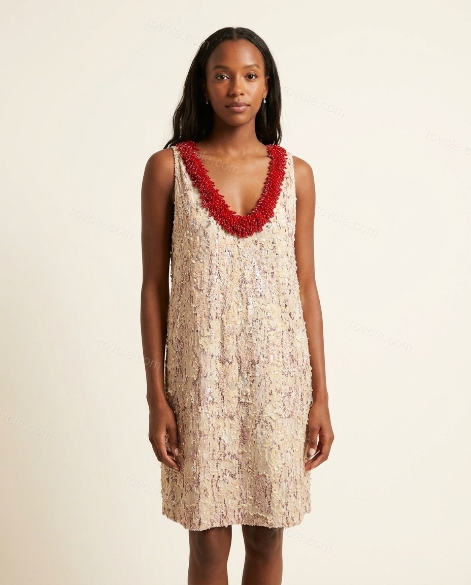 Light Beige Abstract Mini Dress, front studio view, by rovole.com