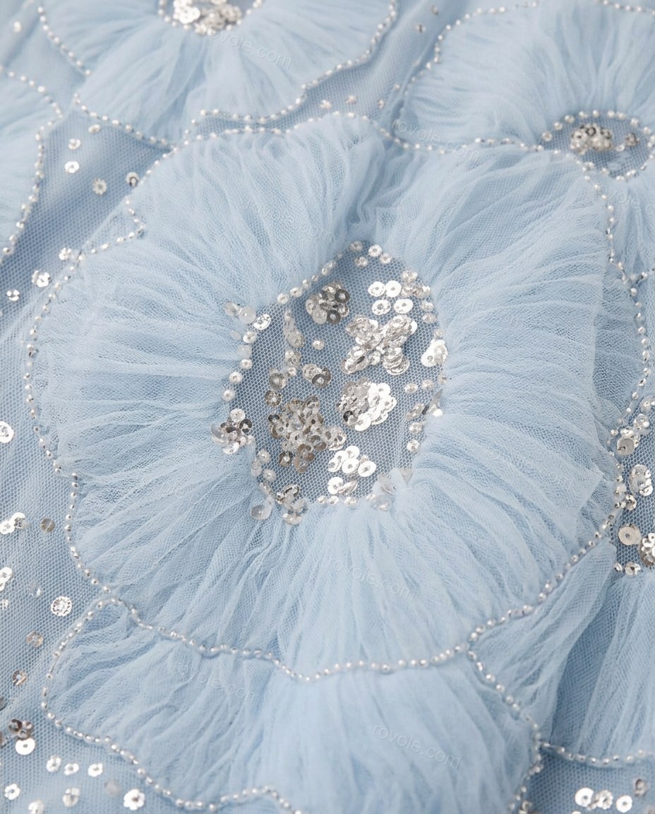 Light Blue Floral Midi Strapless Dress, close-up of floral, by rovole.com