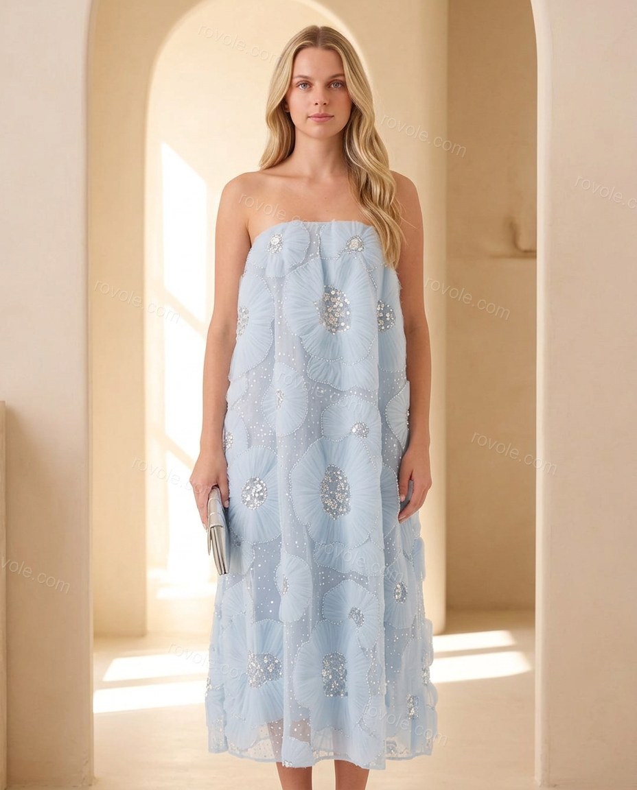 Light Blue Floral Midi Strapless Dress, full-length hero view, by rovole.com