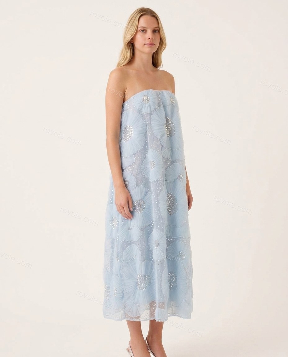 Light Blue Floral Midi Strapless Dress, side and back studio view showing not visible, by rovole.com