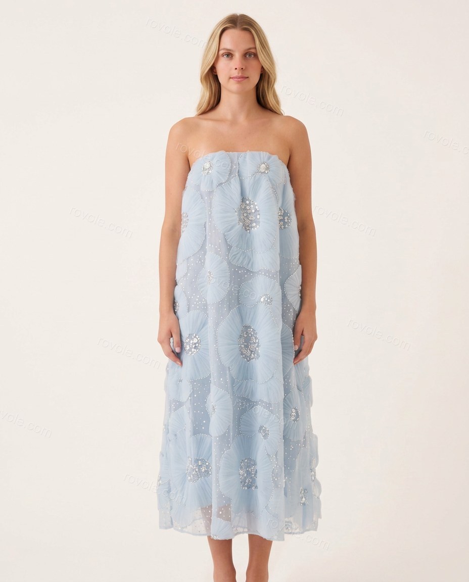 Light Blue Floral Midi Strapless Dress, front studio view, by rovole.com