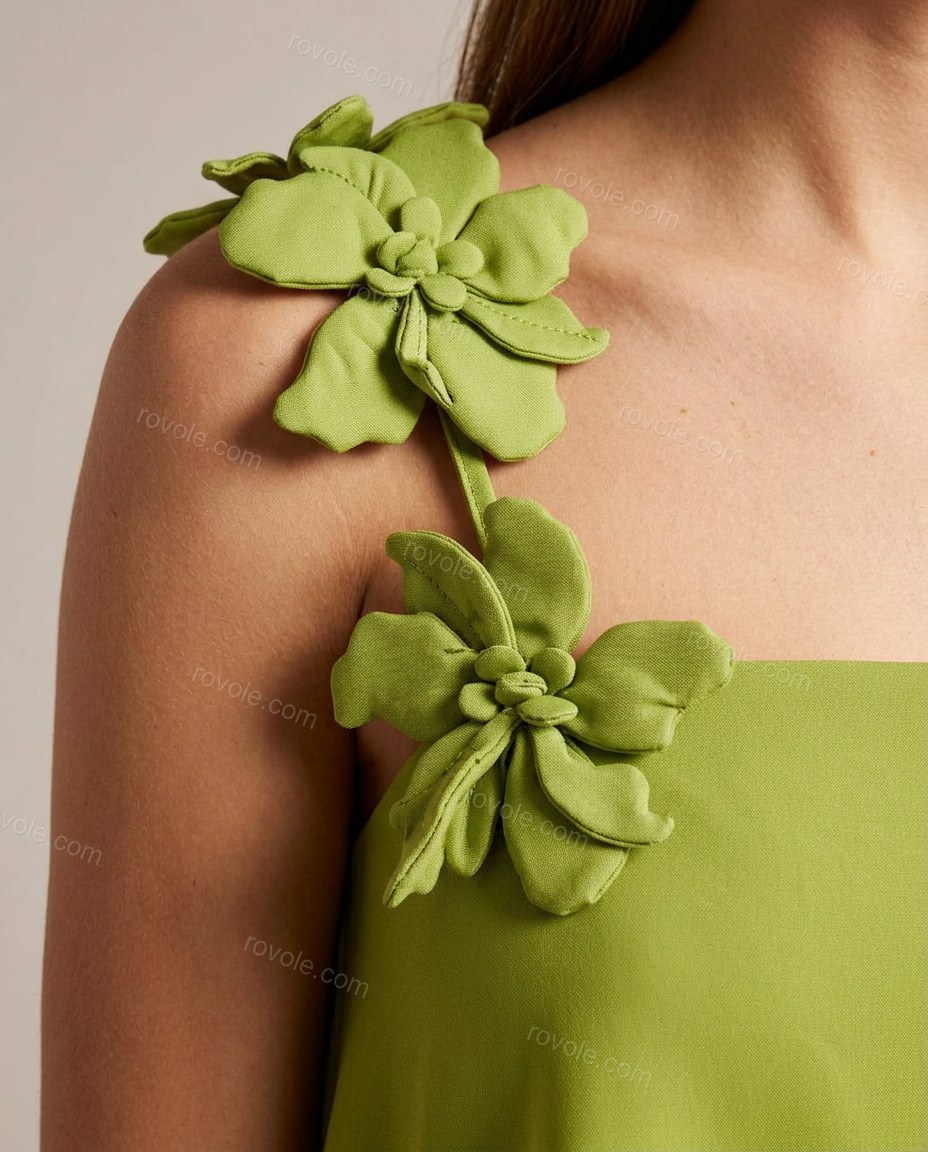 Lime Green Cropped Skirt Set, close-up of 3d floral appliques, wide straps and sleeveless design, by rovole.com