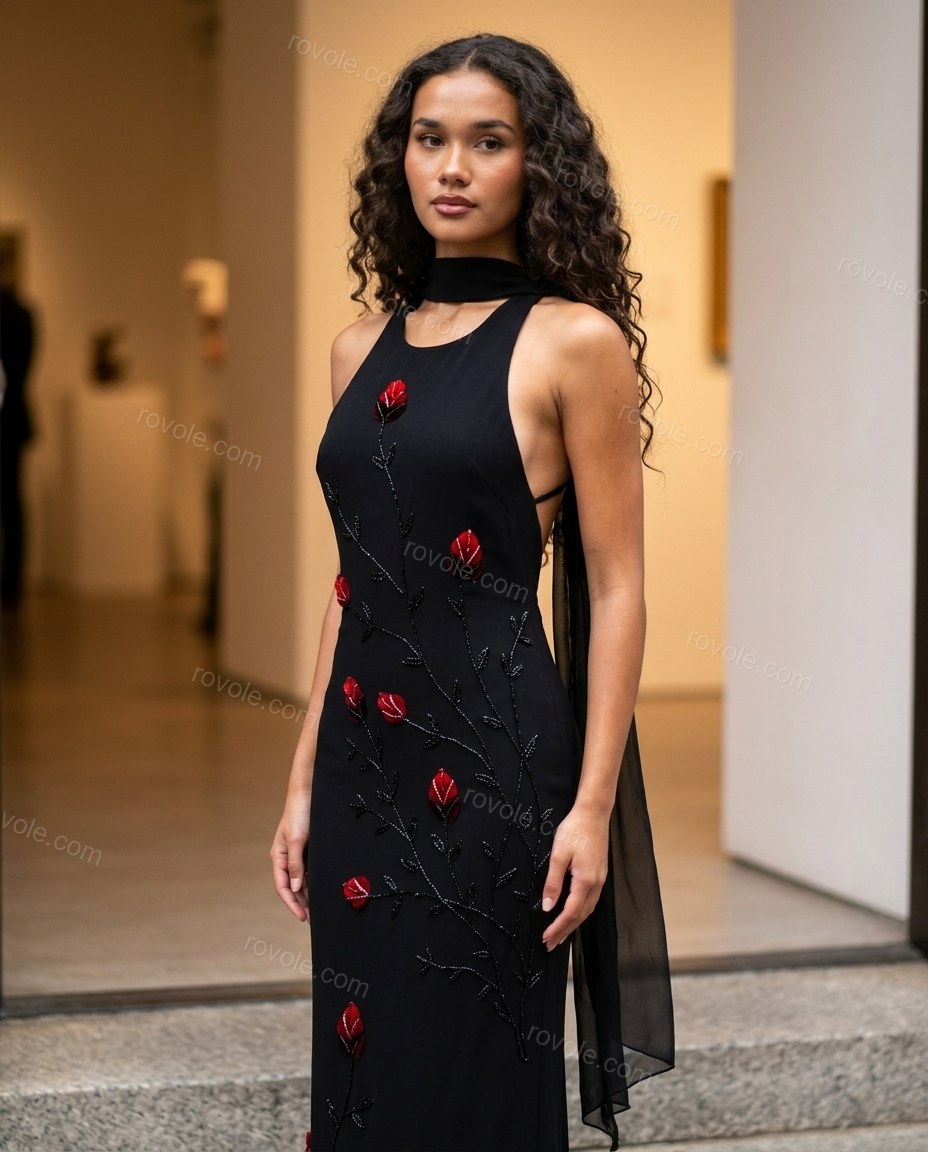 Black Floral Halter Embroidered Dress, three-quarter brand lifestyle view, by rovole.com