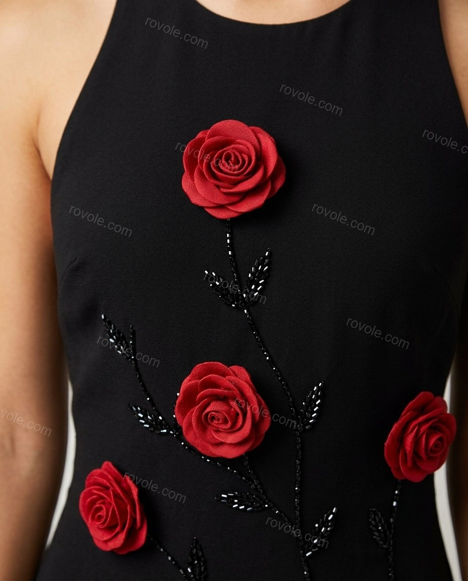 Black Floral Halter Embroidered Dress, close-up of floral, by rovole.com