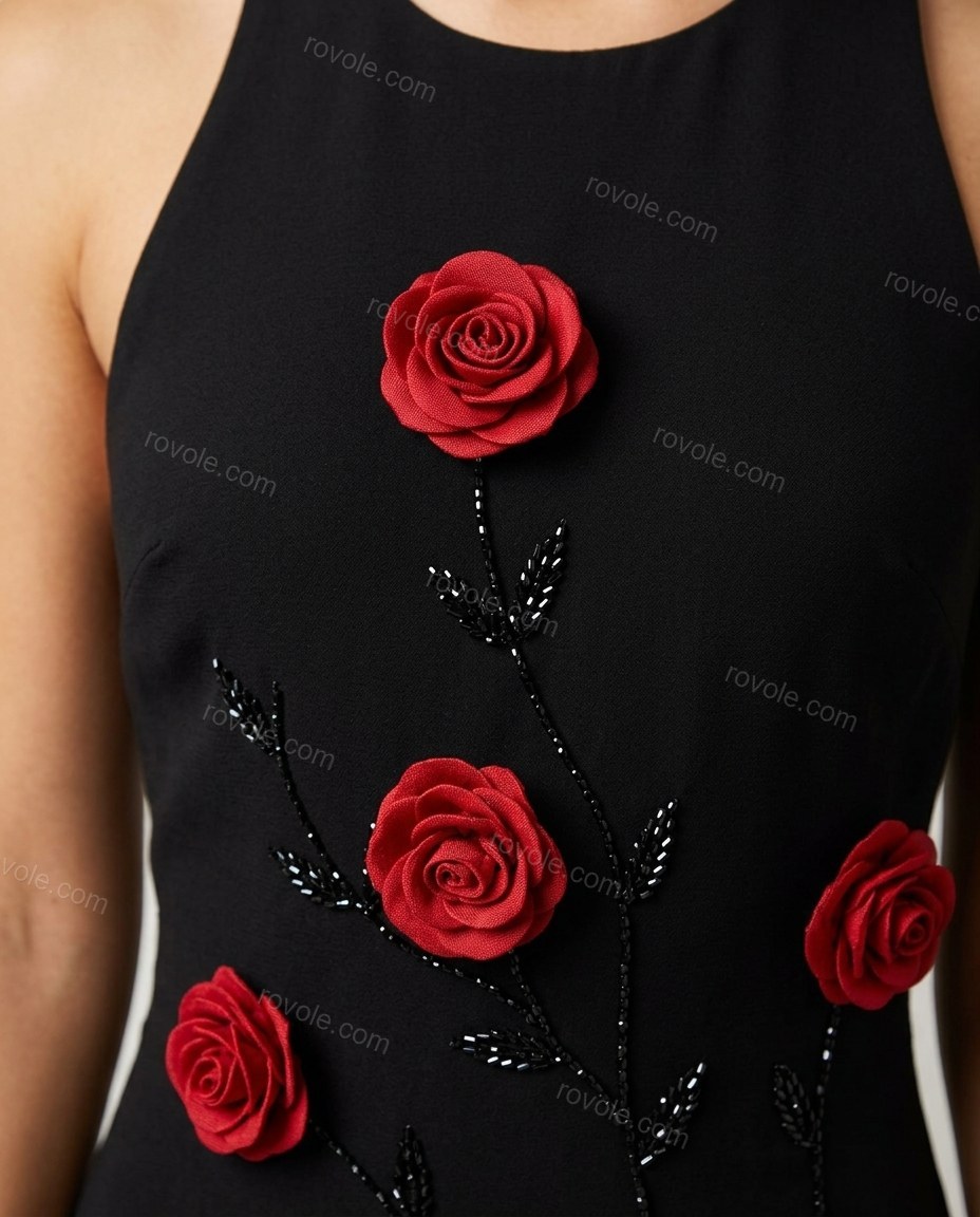 Black Floral Halter Embroidered Dress, close-up of floral, by rovole.com
