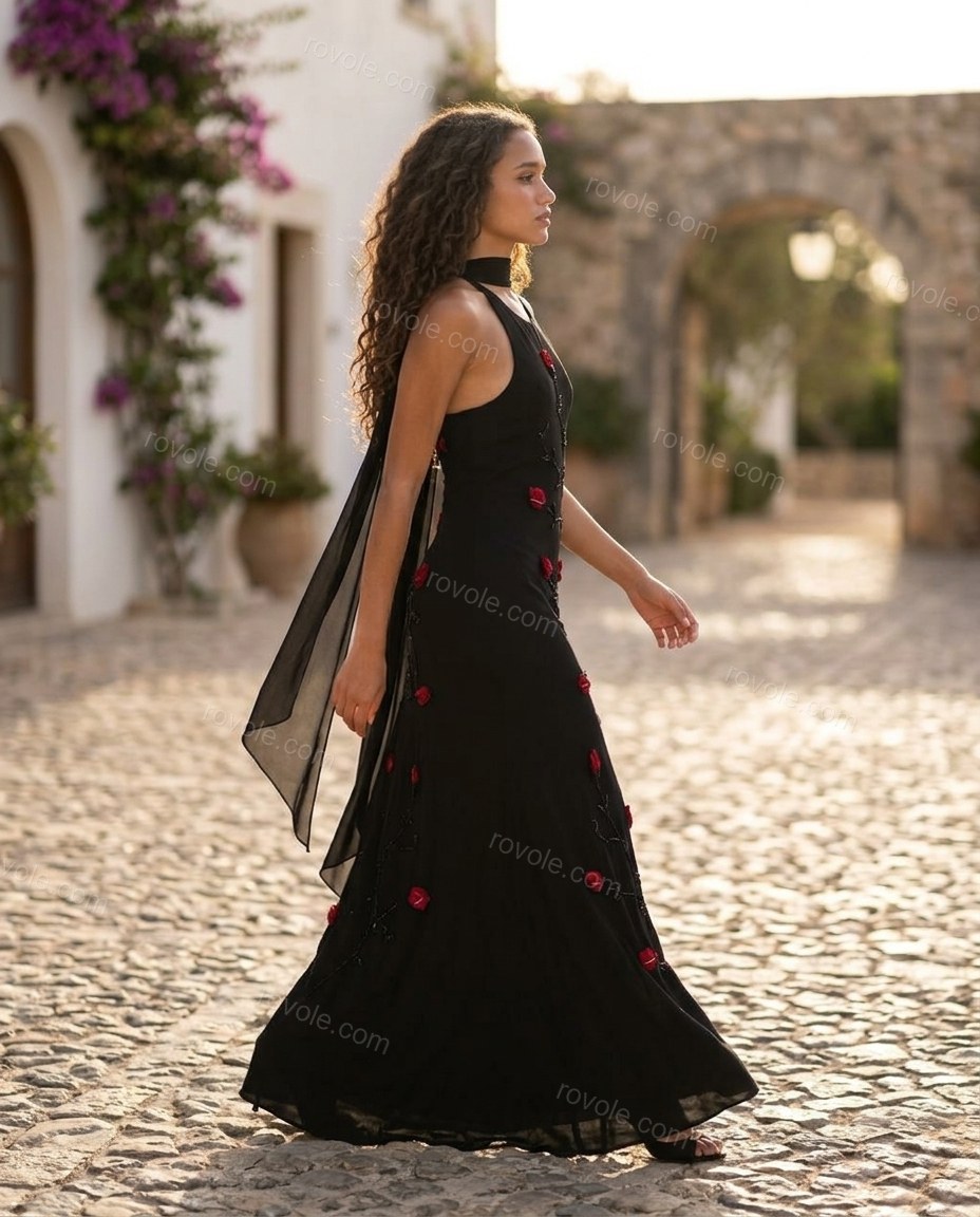 Black Floral Halter Embroidered Dress, walking lifestyle view, by rovole.com