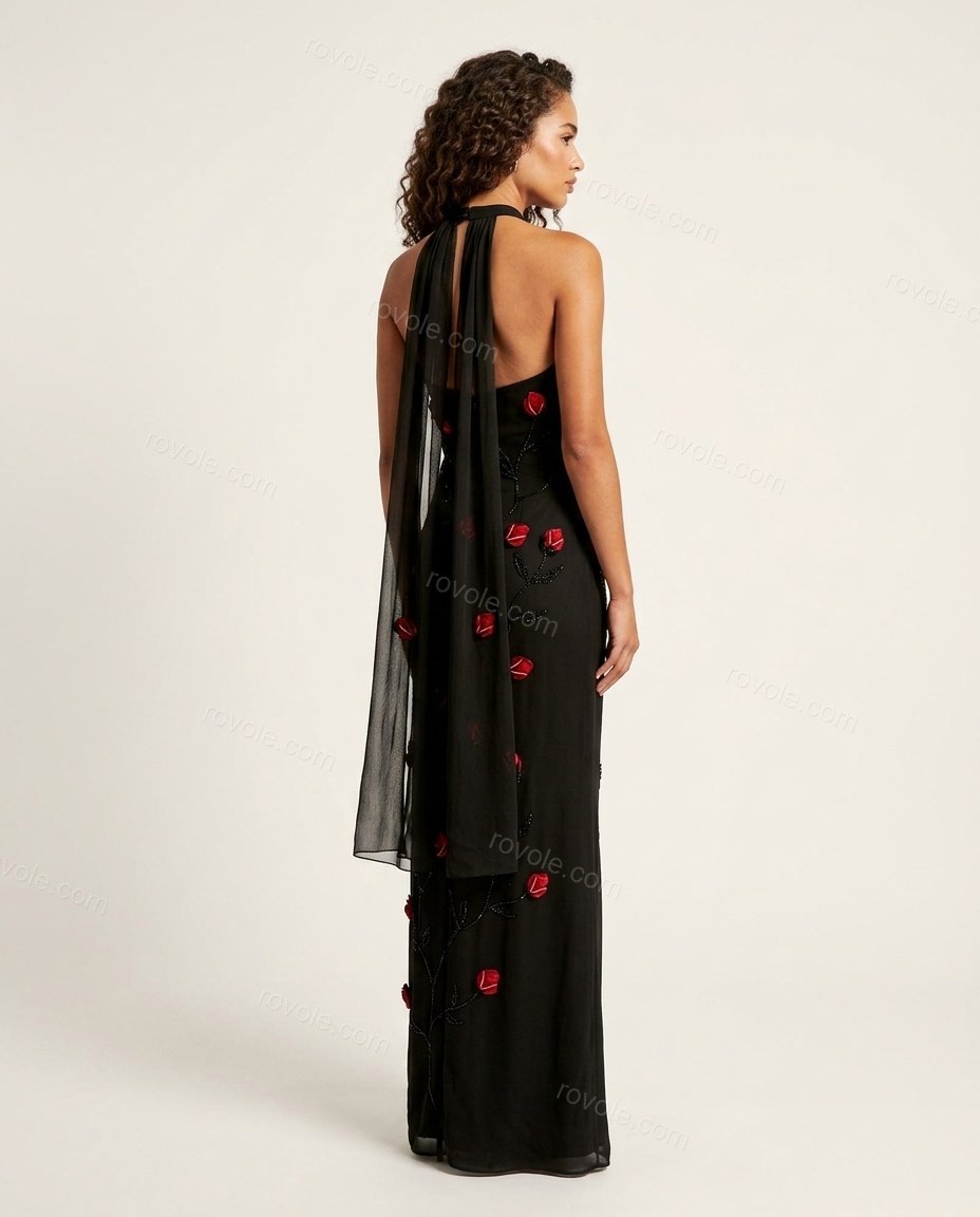 Black Floral Halter Embroidered Dress, back studio view showing open back with attached sheer fabric drape, by rovole.com