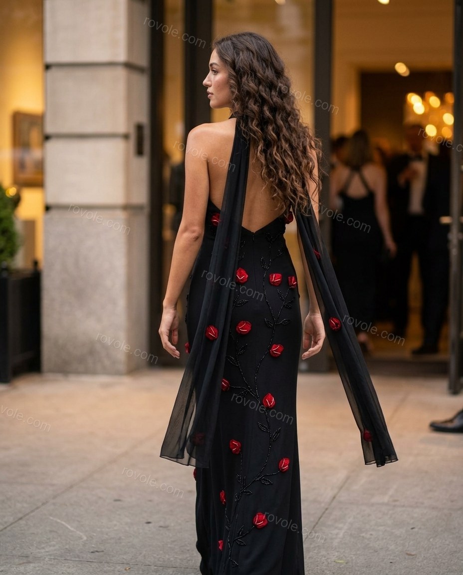 Black Floral Halter Embroidered Dress, movement and fit lifestyle view, by rovole.com