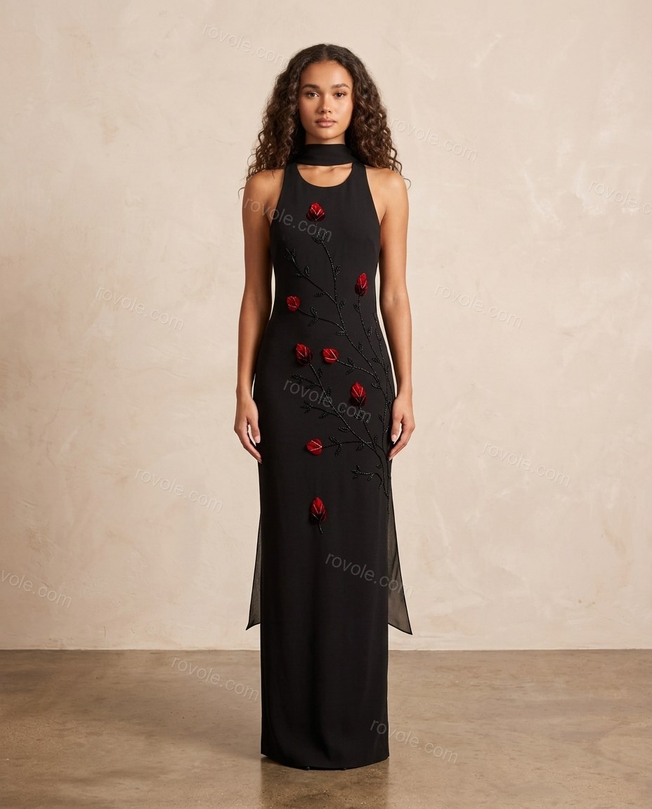 Black Floral Halter Embroidered Dress, full-length hero view, by rovole.com
