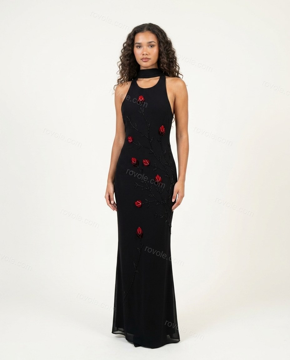 Black Floral Halter Embroidered Dress, front studio view, by rovole.com