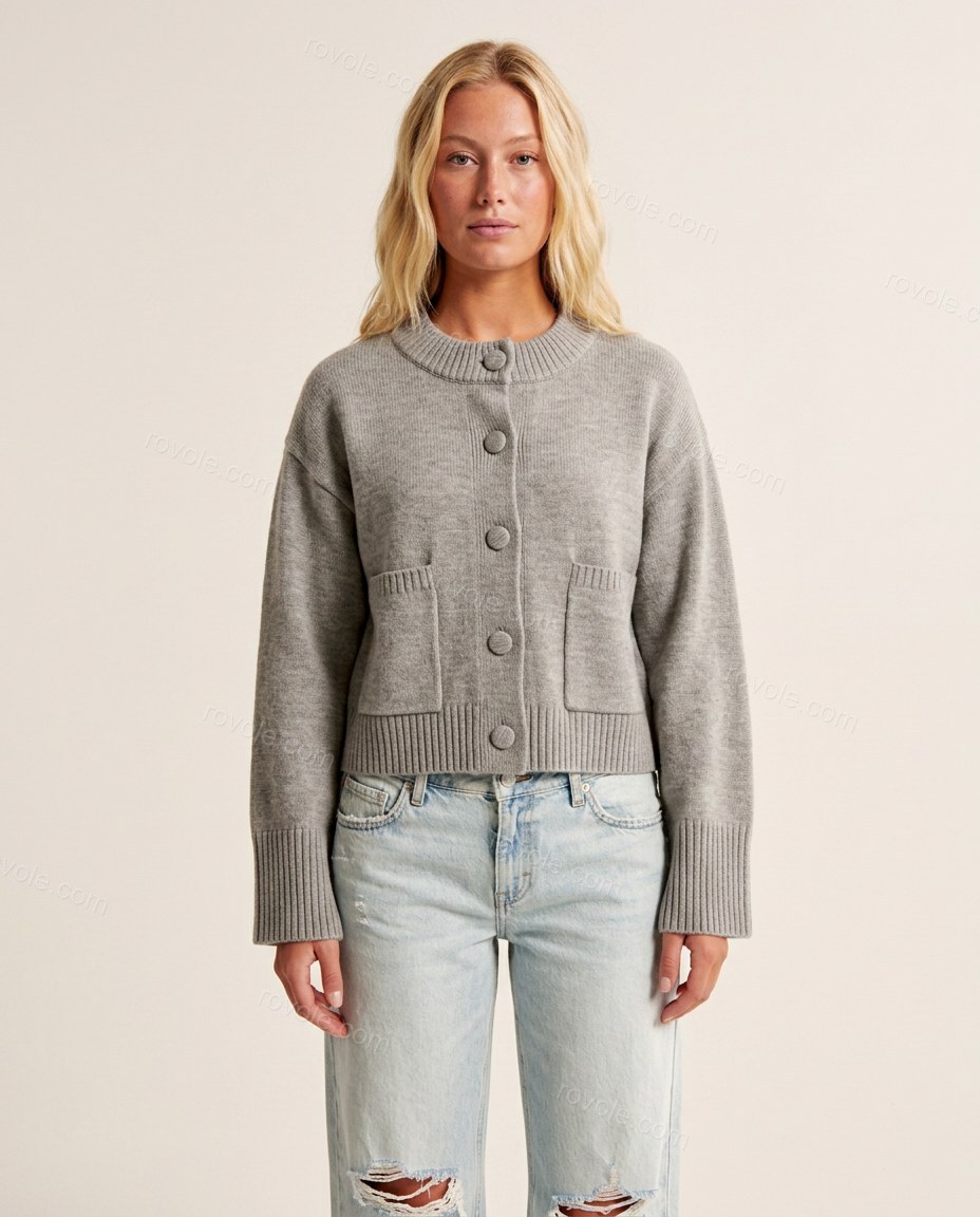 Grey Knit Ribbed Cardigan, front studio view, by rovole.com