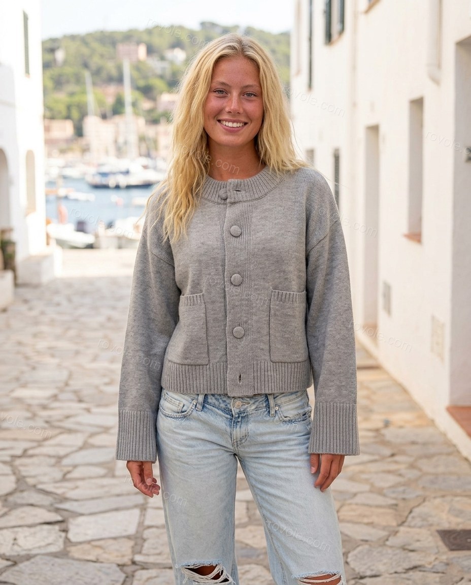 Grey Knit Ribbed Cardigan, full-length hero view, by rovole.com