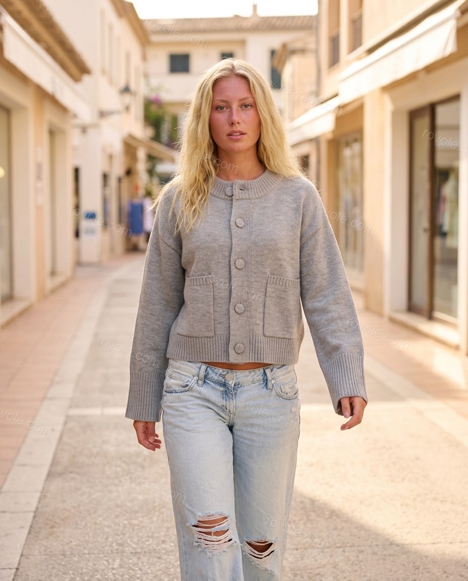 Grey Knit Ribbed Cardigan, movement and fit lifestyle view, by rovole.com