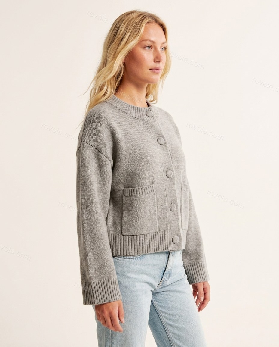Grey Knit Ribbed Cardigan, side and back studio view, by rovole.com