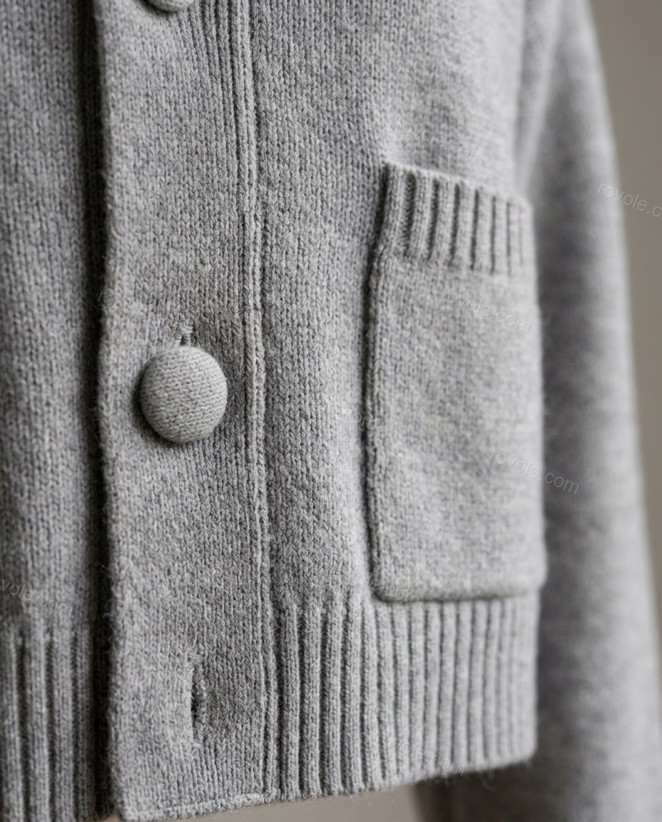 Grey Knit Ribbed Cardigan, close-up of button front, patch pockets and ribbed hem, by rovole.com