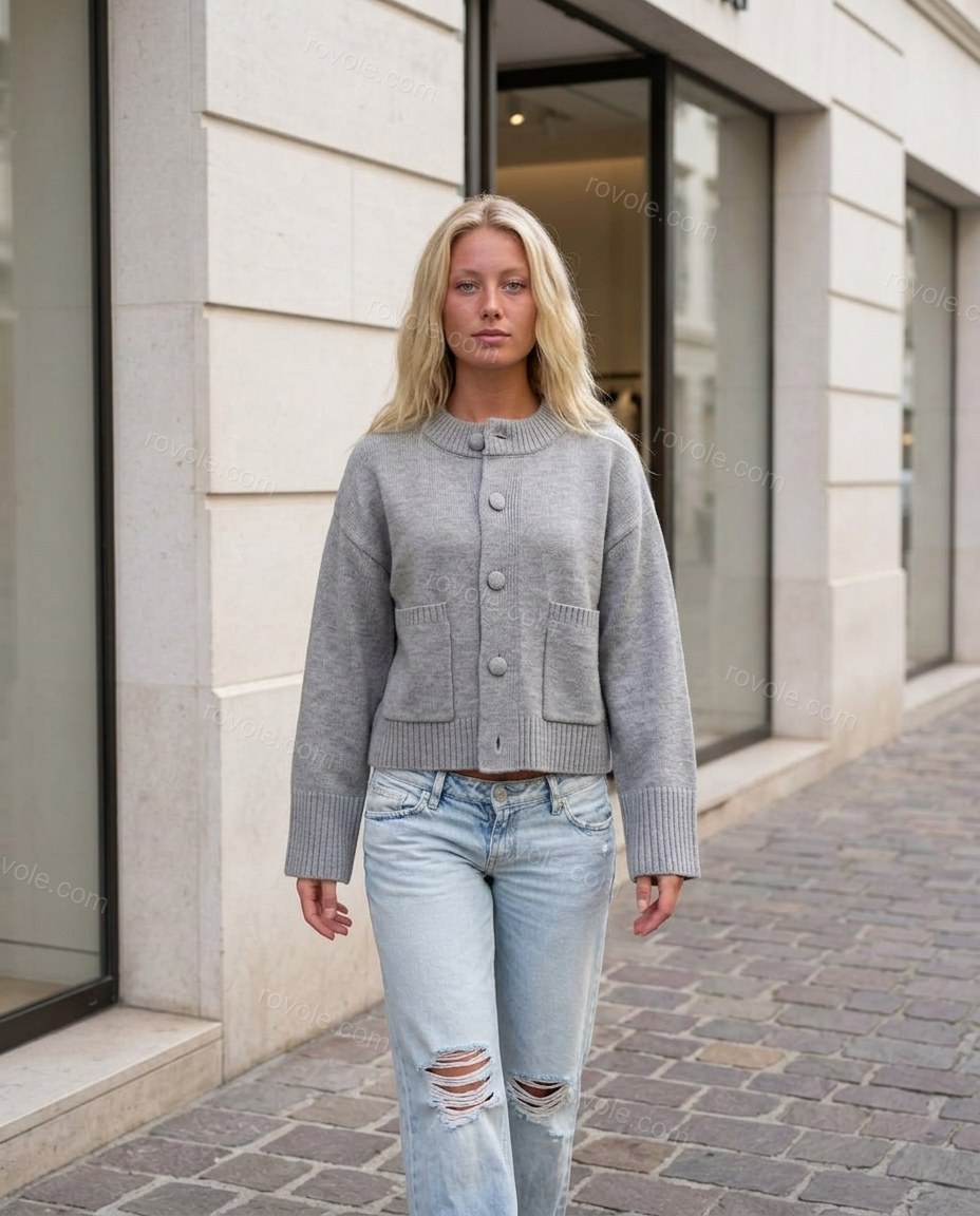 Grey Knit Ribbed Cardigan, three-quarter brand lifestyle view, by rovole.com