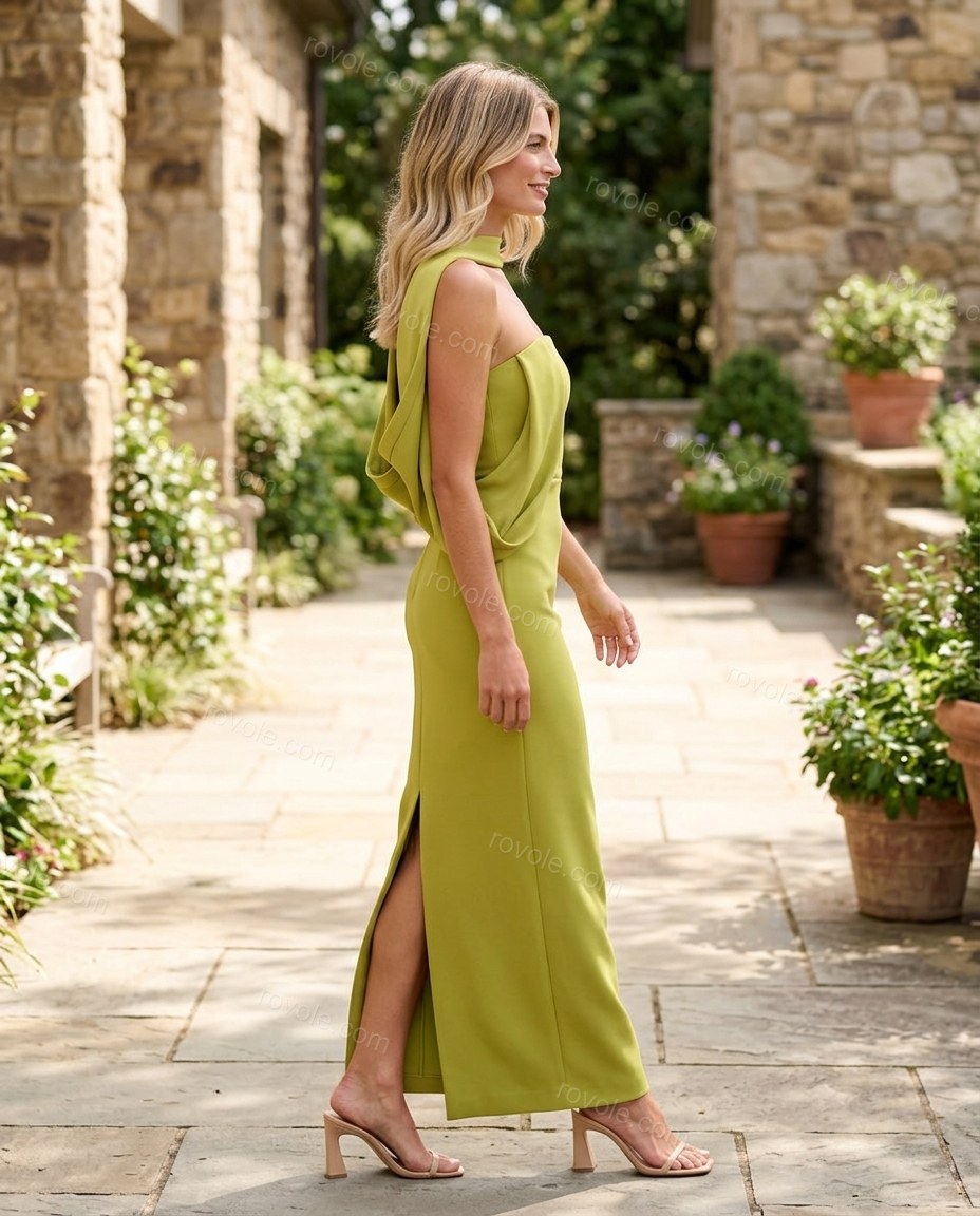 Chartreuse Maxi Cape Cowl-Neck Dress, movement and fit lifestyle view, by rovole.com