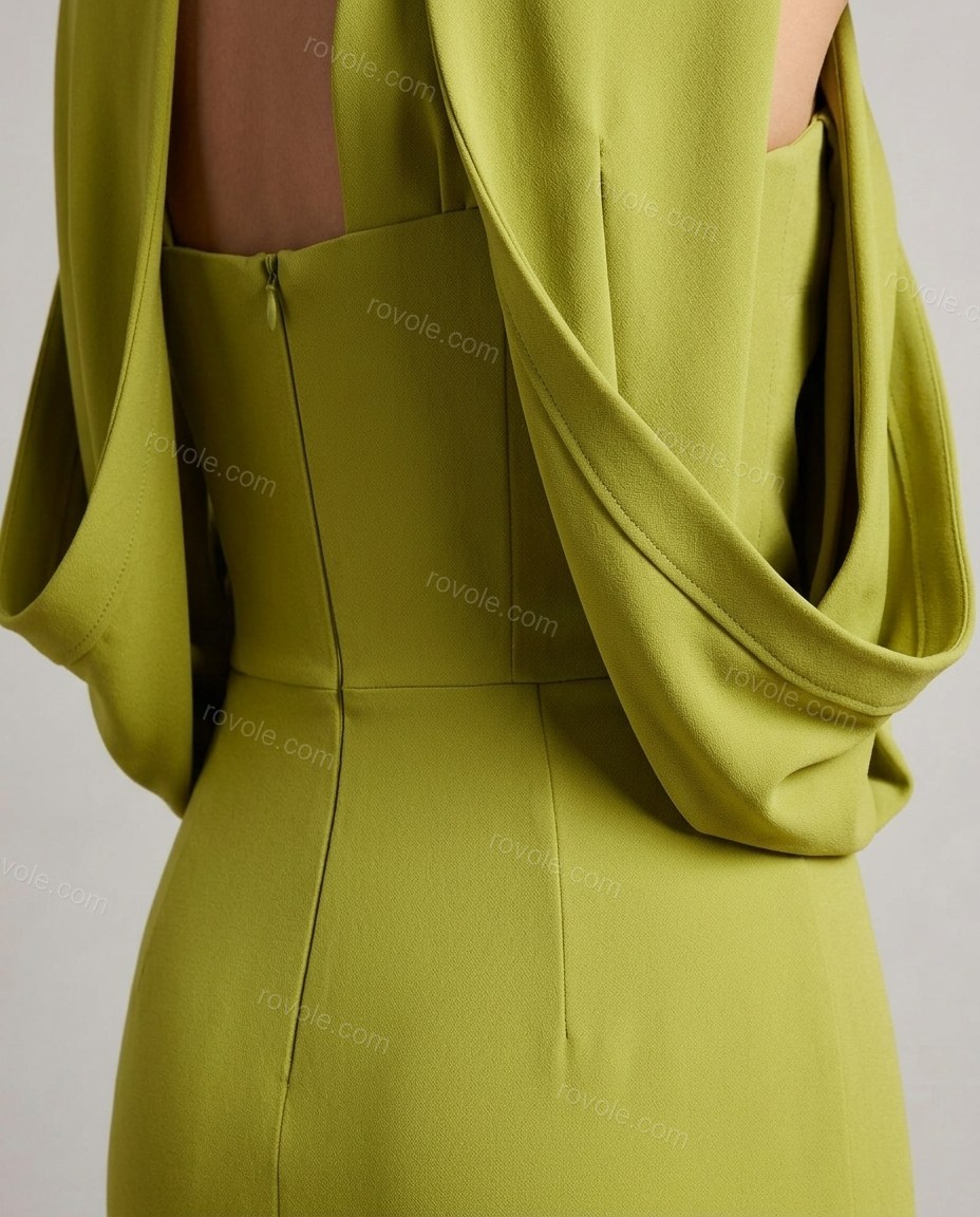 Chartreuse Maxi Cape Cowl-Neck Dress, close-up of back slit, draped bodice overlay and draped cape sleeves, by rovole.com