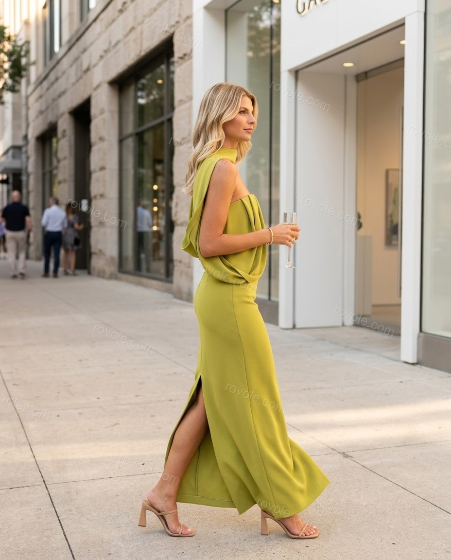 Chartreuse Maxi Cape Cowl-Neck Dress, walking lifestyle view, by rovole.com