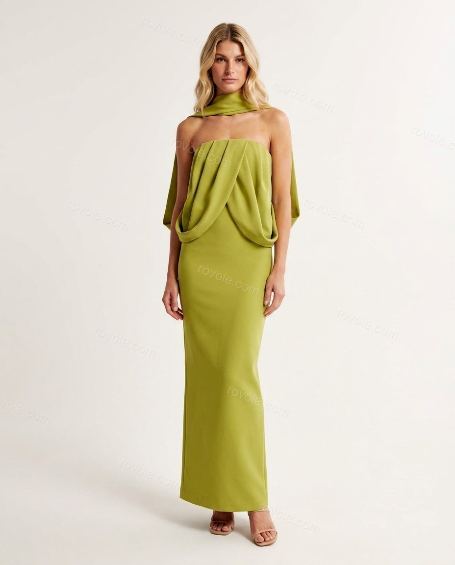 Chartreuse Maxi Cape Cowl-Neck Dress, front studio view, by rovole.com