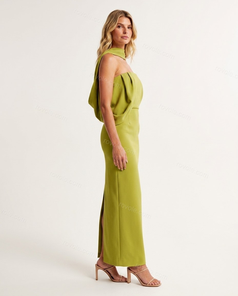 Chartreuse Maxi Cape Cowl-Neck Dress, side and back studio view, by rovole.com