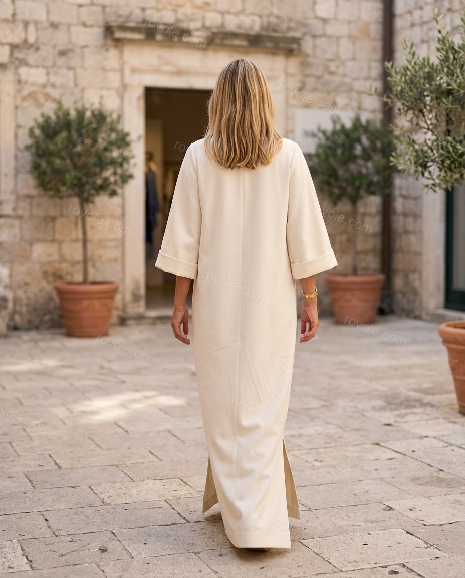 Cream Maxi Dress, movement and fit lifestyle view, by rovole.com