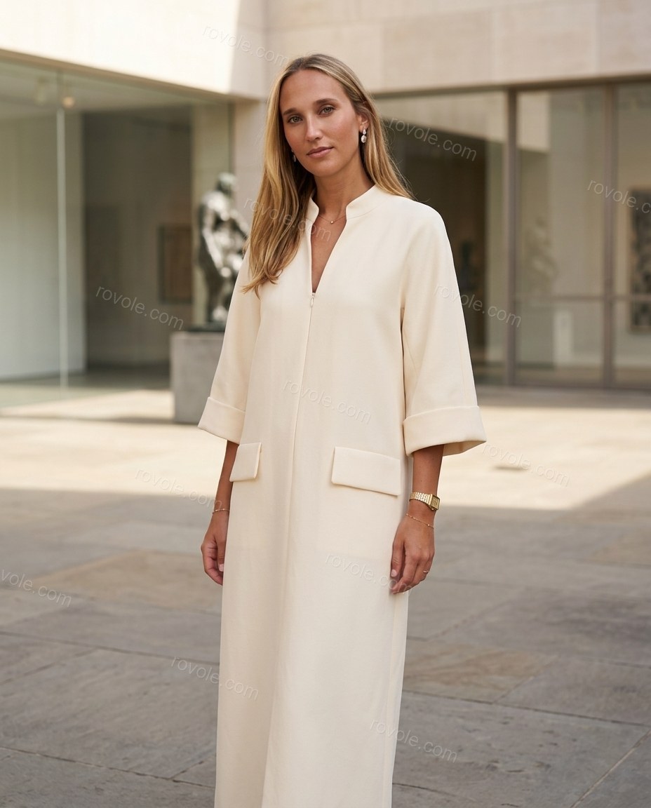 Cream Maxi Dress, three-quarter brand lifestyle view, by rovole.com