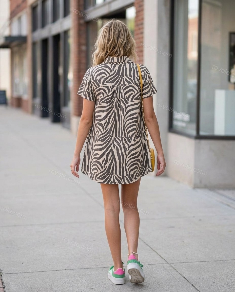 Beige Animal Print Mini Dress, movement and fit lifestyle view, by rovole.com