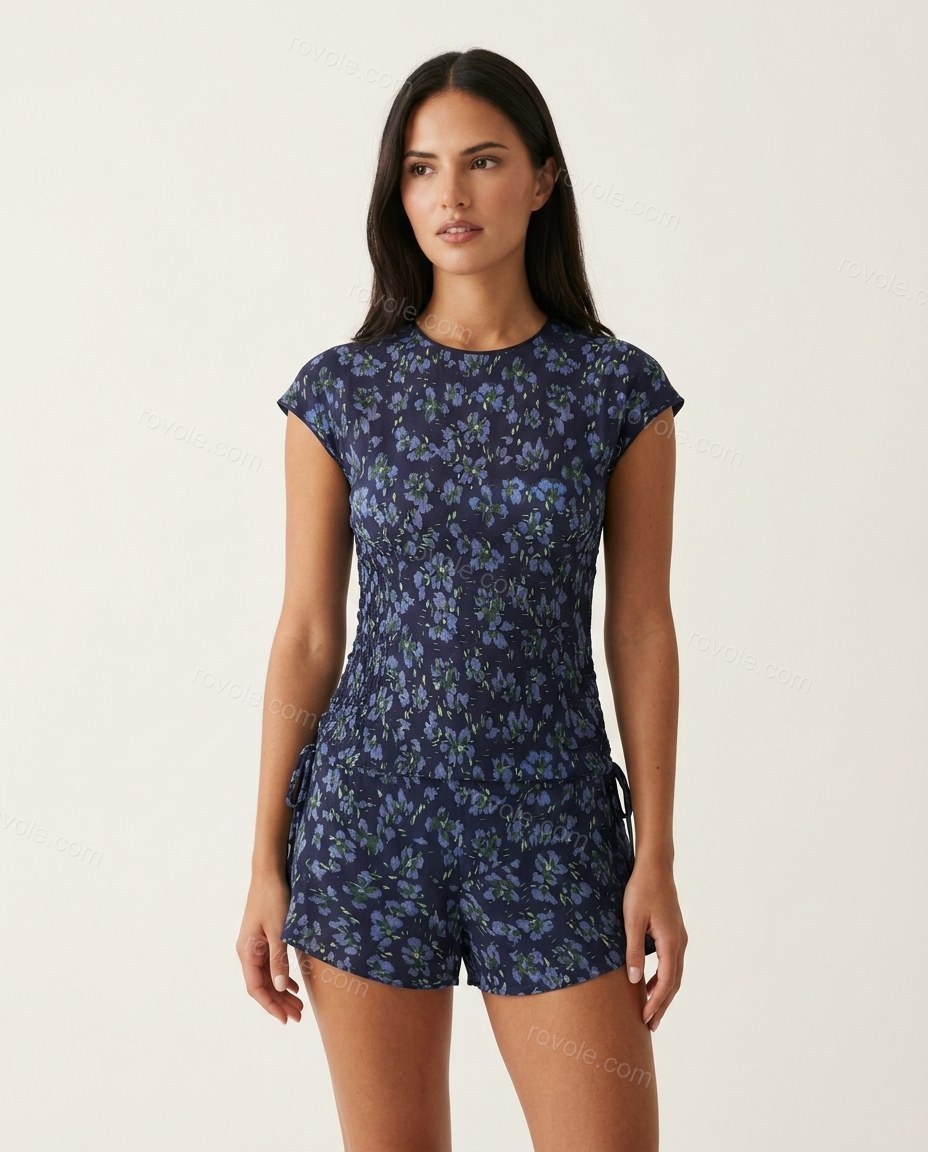 Navy Blue Floral Jumpsuit, front studio view, by rovole.com