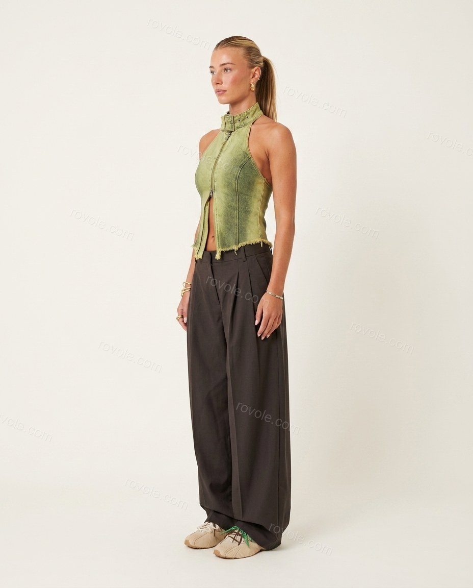 Green Halter Pleated Denim Two-Piece Set, side and back studio view showing open back design with halter collar strap, by rovole.com