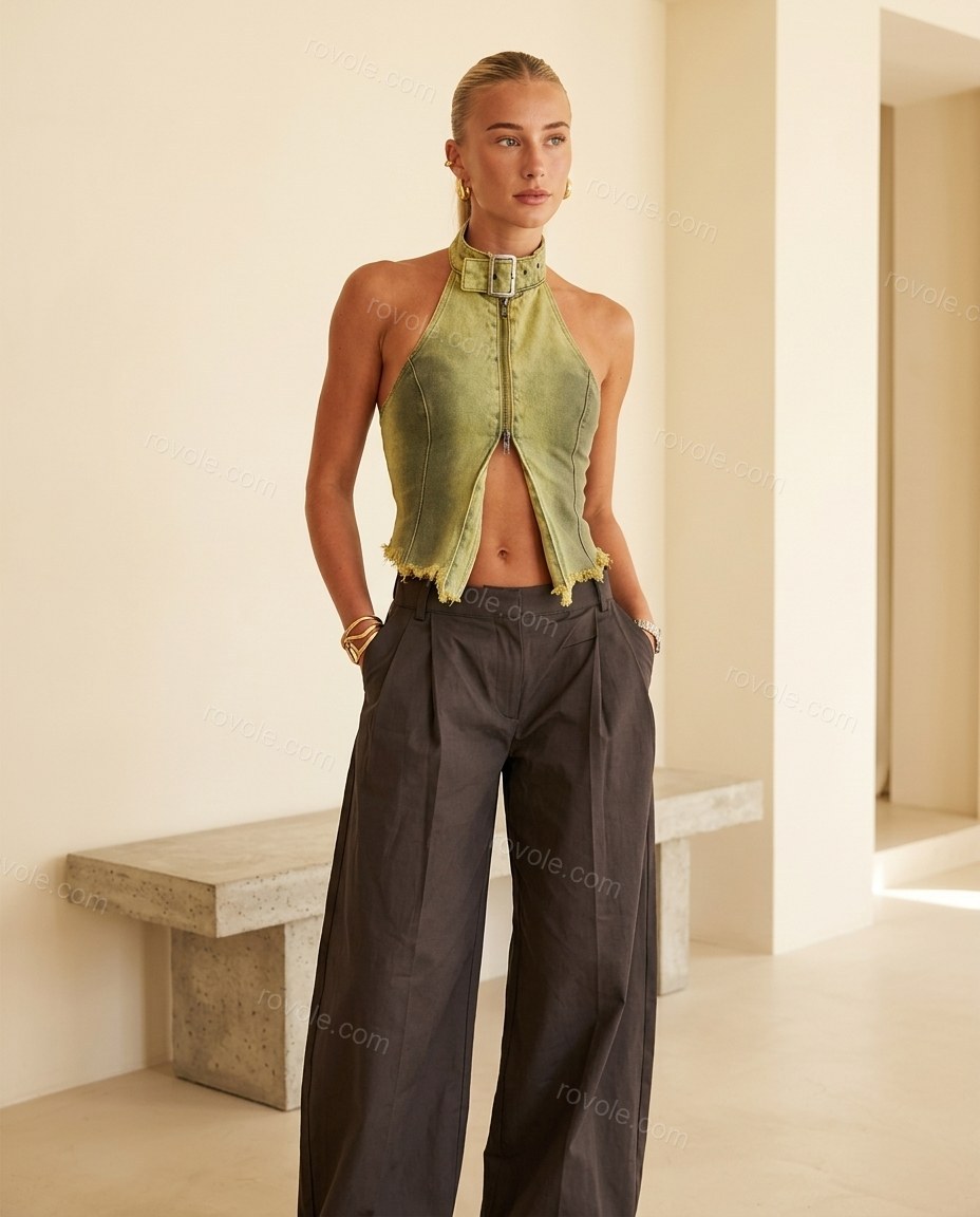 Green Halter Pleated Denim Two-Piece Set, full-length hero view, by rovole.com