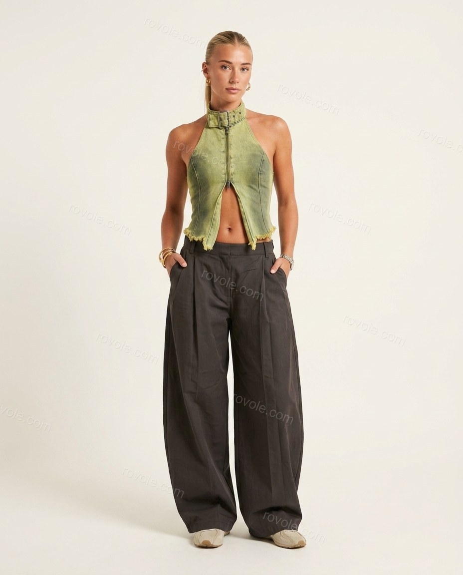 Green Halter Pleated Denim Two-Piece Set, front studio view, by rovole.com