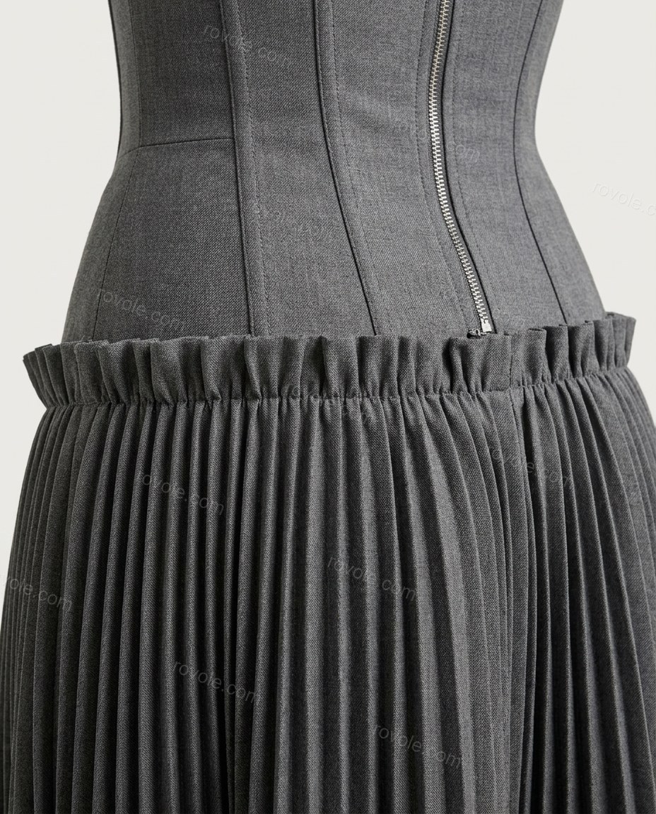 Grey Pleated Ribbed Bottom, close-up of charcoal accents, pleated and exposed zipper, by rovole.com