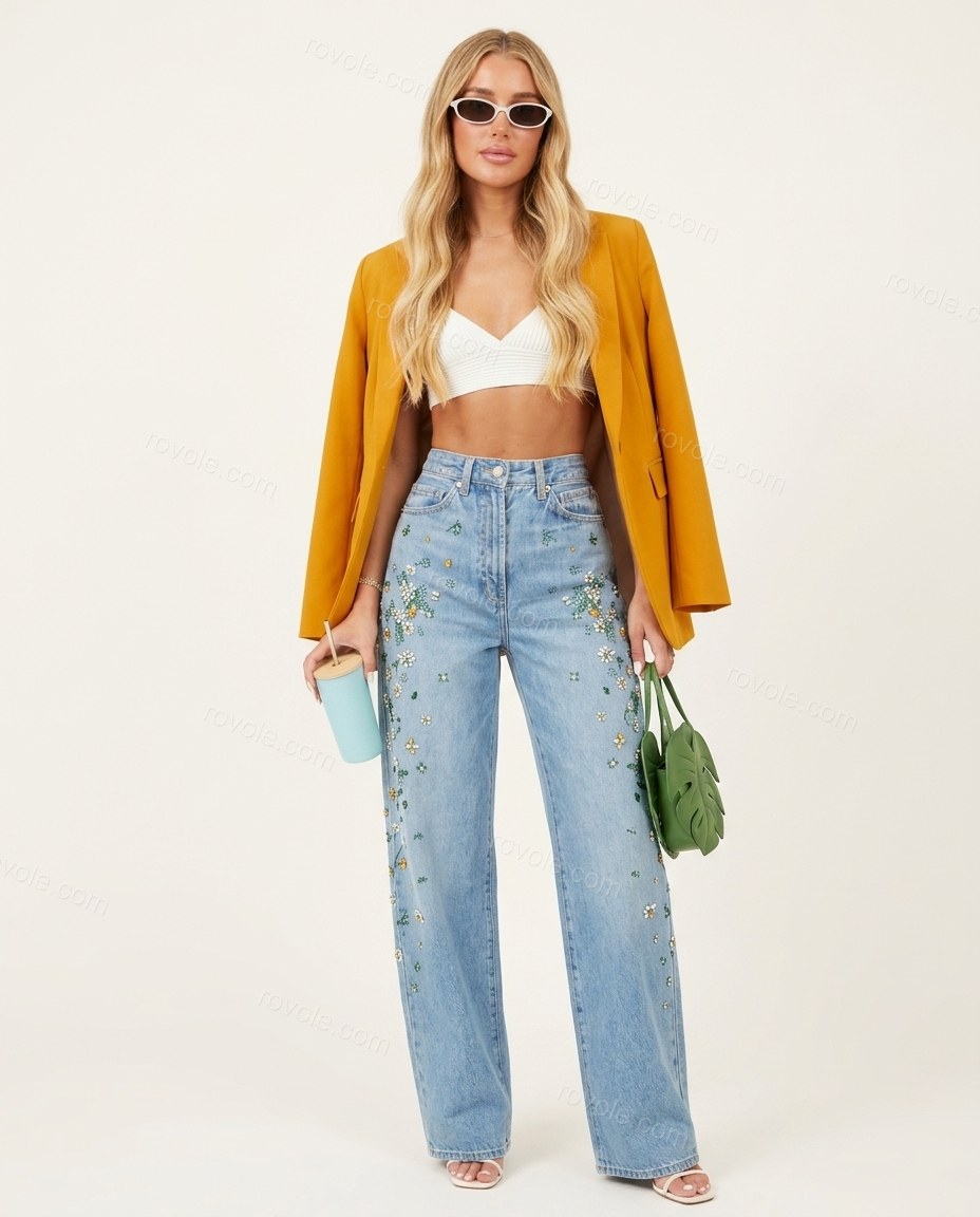 Blue Floral Embroidered Denim Pants, side and back studio view, by rovole.com