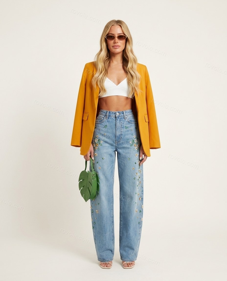 Blue Floral Embroidered Denim Pants, front studio view, by rovole.com