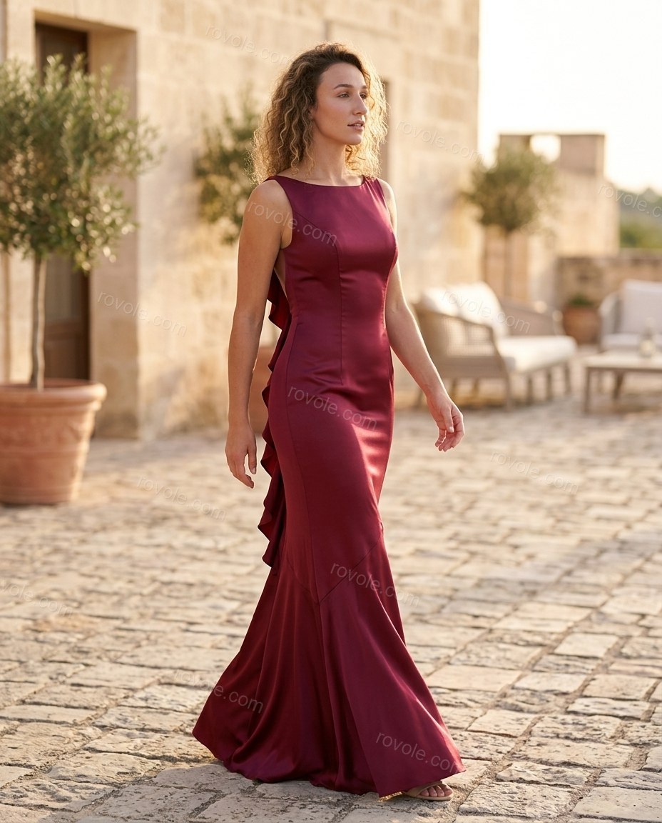 Burgundy Maxi Ruffled Satin Dress, alternate use-case lifestyle view, by rovole.com