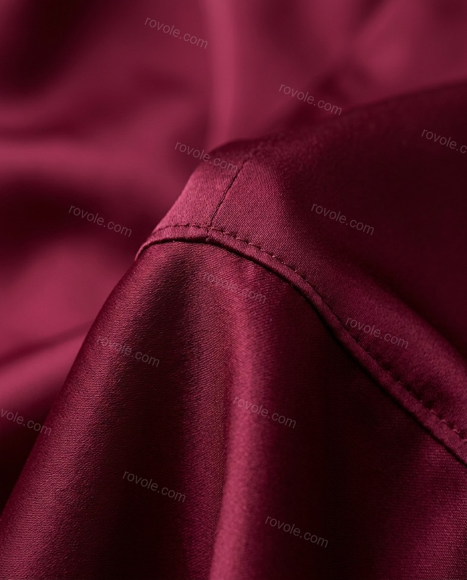 Burgundy Maxi Ruffled Satin Dress, close-up of low back, ruffle detail and deep scoop back, by rovole.com